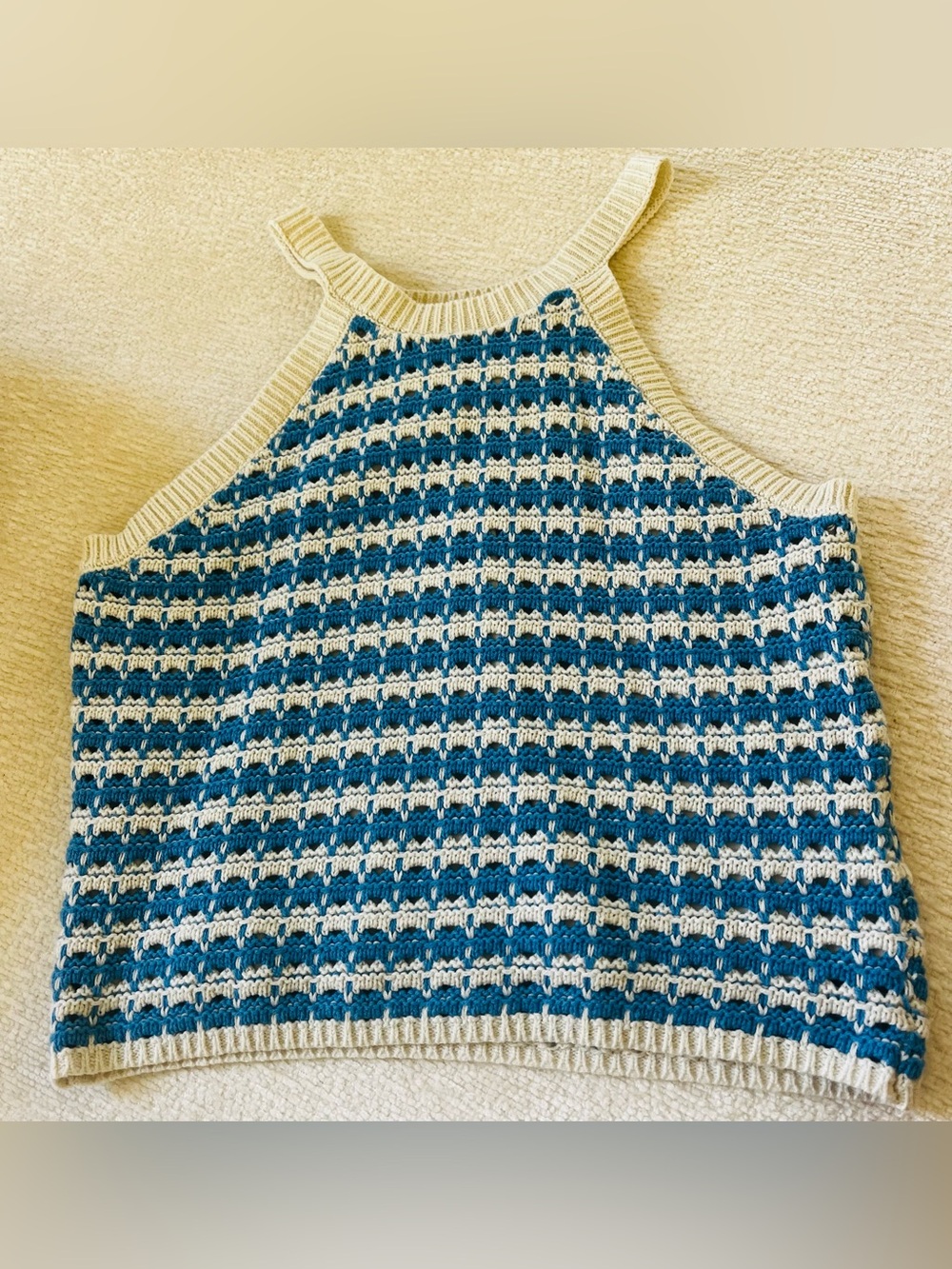 Cream and Blue Knit Halter Sweater Tank